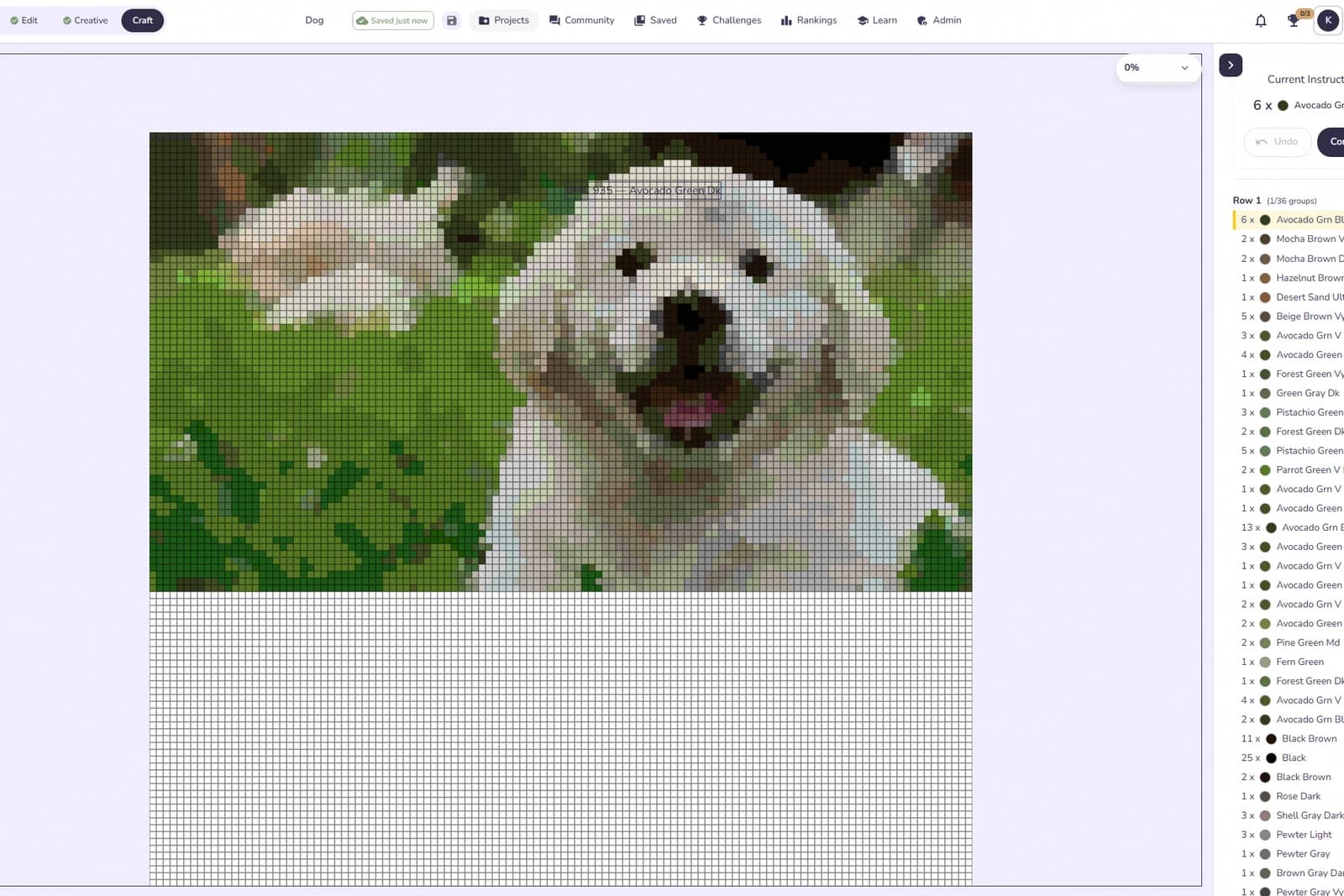 StitchLab turning a photo of a dog into a cross-stitch pattern with a live DMC color list